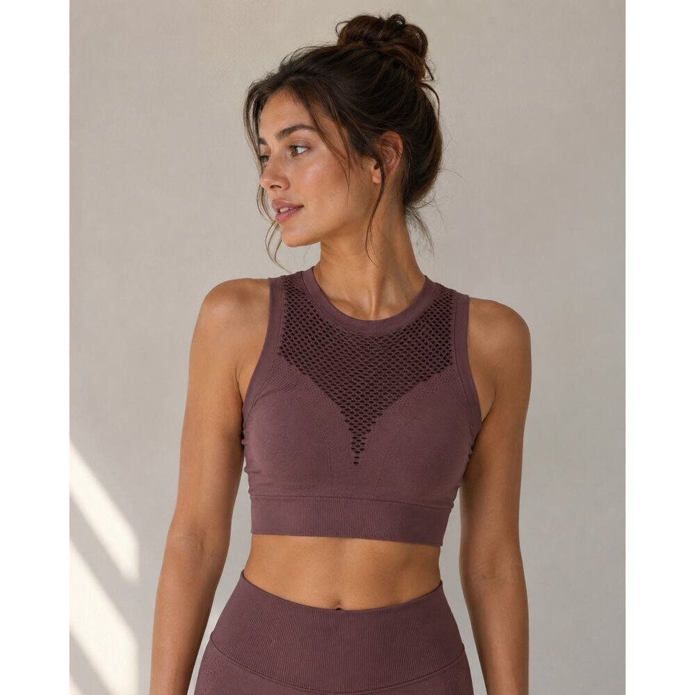 Varley Seamless High Neck Sports Bra XS Mauve Mesh Yoga Gym Activewear
